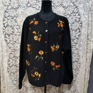 Appleseeds Wool Floral Embroidered Button Up Sweater Womens 1X